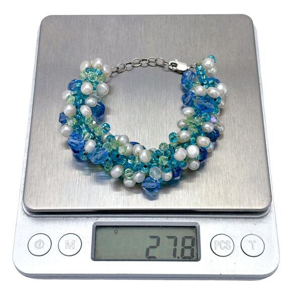 Vintage Sterling Silver 925 Freshwater Pearl Crystal Bead Bracelet 5.5"-6.75" - Picture 4 of 5